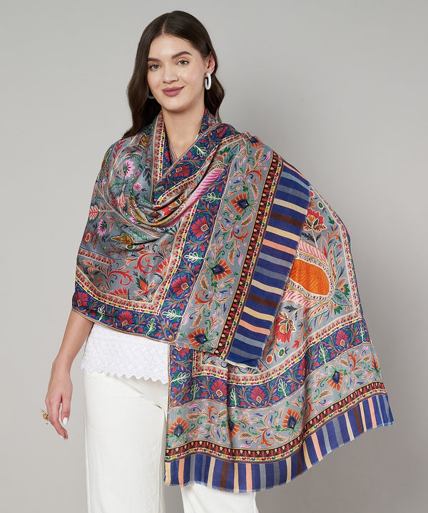 Signature Kashmiri Print & Thread Work Bamboo Silk Stole for Women