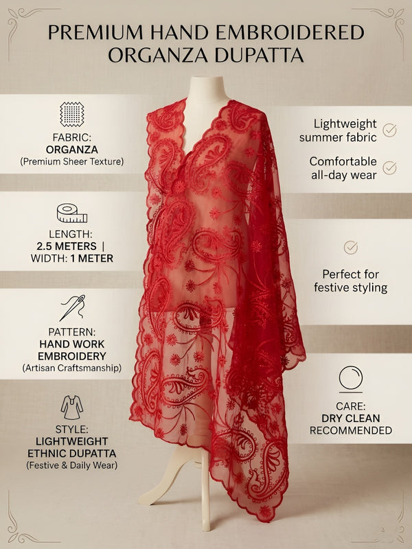Red Organza Embroidered Dupatta for Women with Paisley & Floral