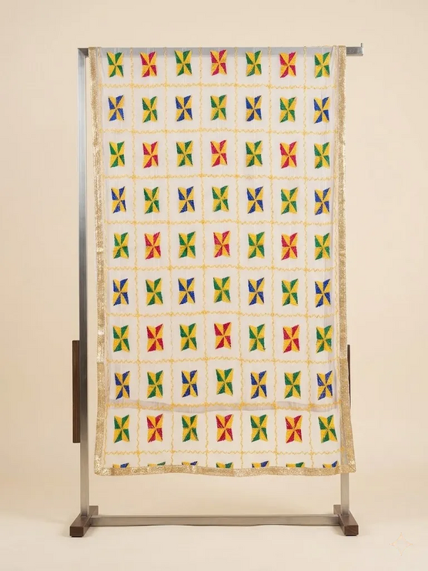 Chinon Phulkari Women White Dupatta with Traditional Motif Work & Tape Border