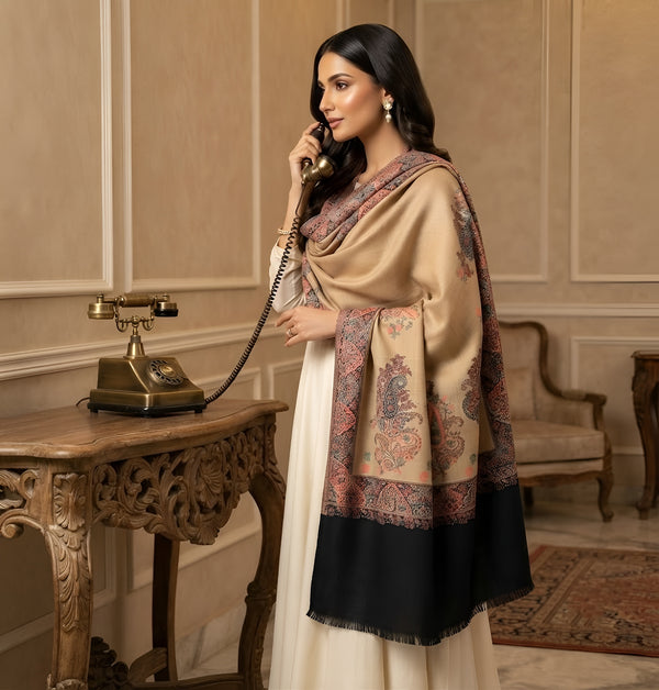 Naqsh-e-Kashmir Woven Kani Jacquard Paisley Beige Shawl with Inner Bootas & Solid Panel