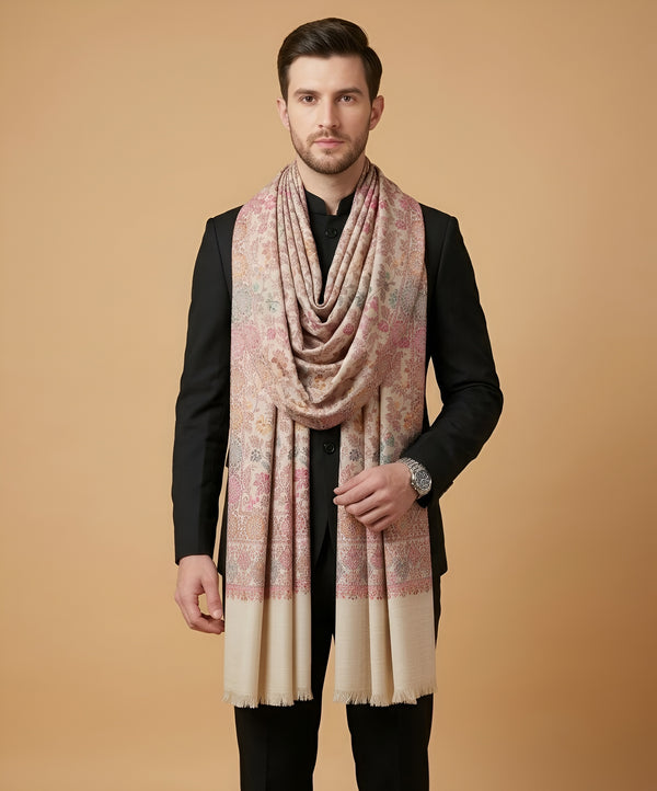 Noble Mens Wool Blend Floral Kani Weave Beige Stole