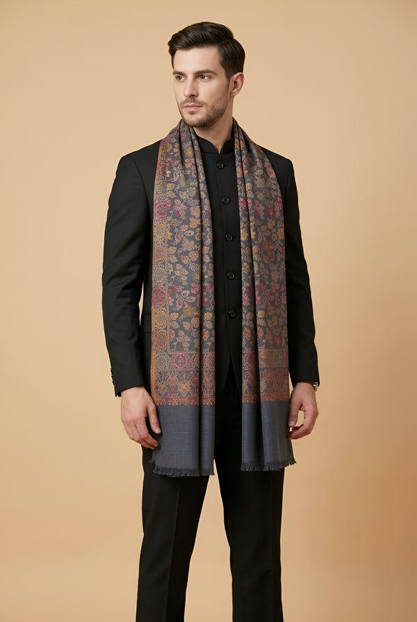 Noble Mens Wool Blend Floral Kani Weave Grey Stole