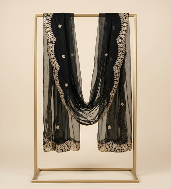 Black Twill Net Women Dupatta – Scalloped Cutwork Border with Buti Work