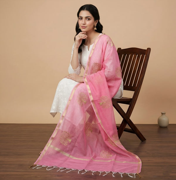 Elegant Pink Cotton Zari Buta Dupatta | Lightweight Ethnic Drape