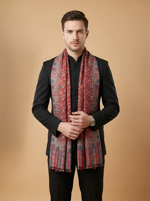 Reserve Mens Bamboo Silk Floral Kalamkari Printed Red Stole