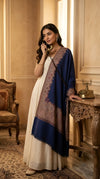 Naqsh-e-Kashmir Woven Kani Jacquard Border Blue Shawl | Wool Blend