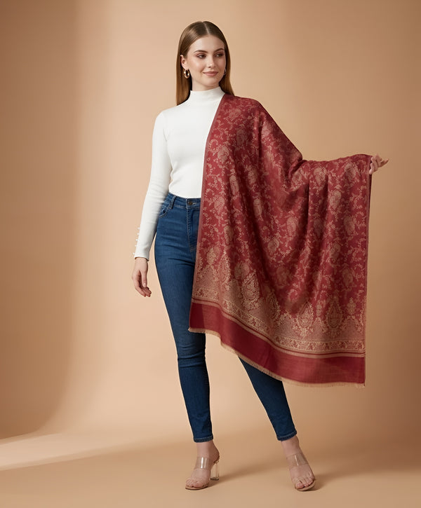 Everyday Wool Blend All-Over Zari Jacquard Woven Floral Trellis Red Stole