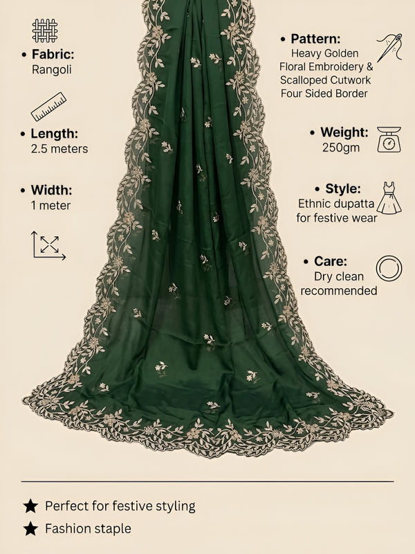 Luxe Rangoli Women Green Dupatta with 4 Side Scalloped Embroidered Border & Buti Embellishment