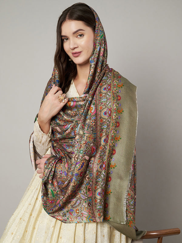 Bamboo Silk Bottle Green Kashmiri Women Stole with Traditional Paisley Jaal | Soft & Elegant | 80×28 Inches
