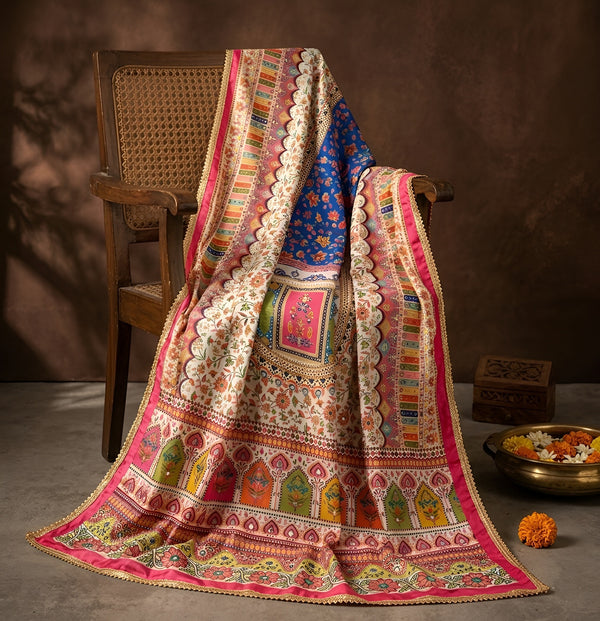 Chinon Floral Mirror Work Women Multicolor Dupatta with Designer Printed Panels & Lace Border