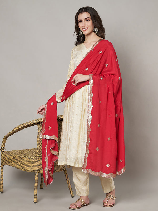 Red Chiffon Dupatta with Gold Motif Embellishment & Scalloped Border (Size: 2.5x1 m Approx)