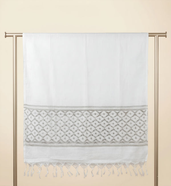 Cotton Mens Dupatta – White with Diamond Cut Work & Woven Border