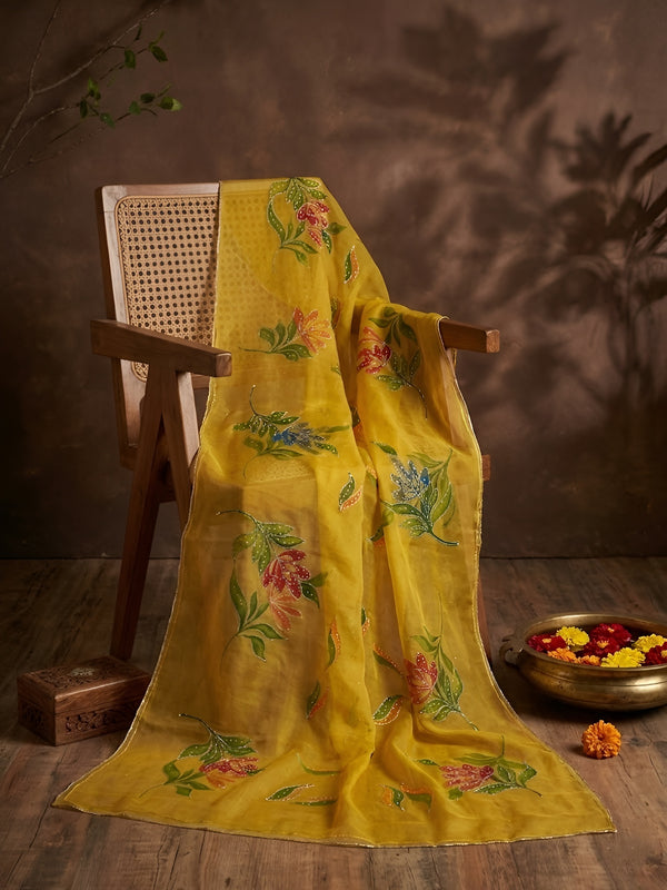 Luxe Organza Women Yellow Dupatta with Handbrush Floral Art & Beads