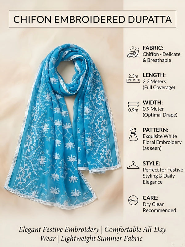Blue Karachi Style Hand Embroidered Chiffon Dupatta