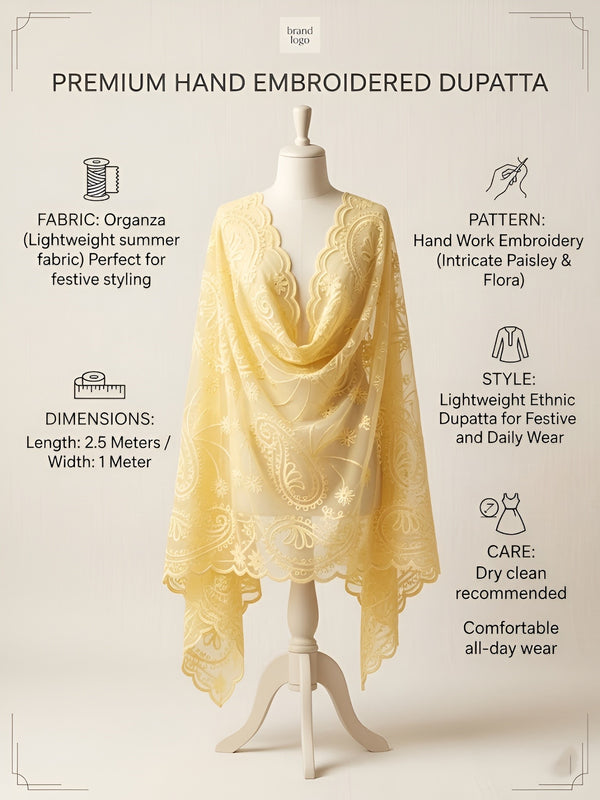Lemon Organza Embroidered Dupatta for Women with Paisley & Floral