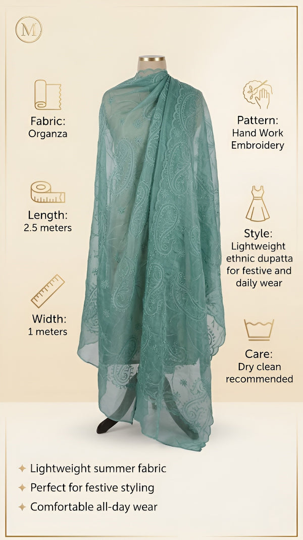 Teal Organza Embroidered Dupatta for Women with Paisley & Floral