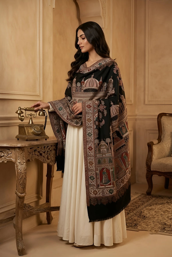 Naqsh-e-Kashmir Inspired Mughal Palace Scenic Jacquard Woven Black Shawl with Zari Work