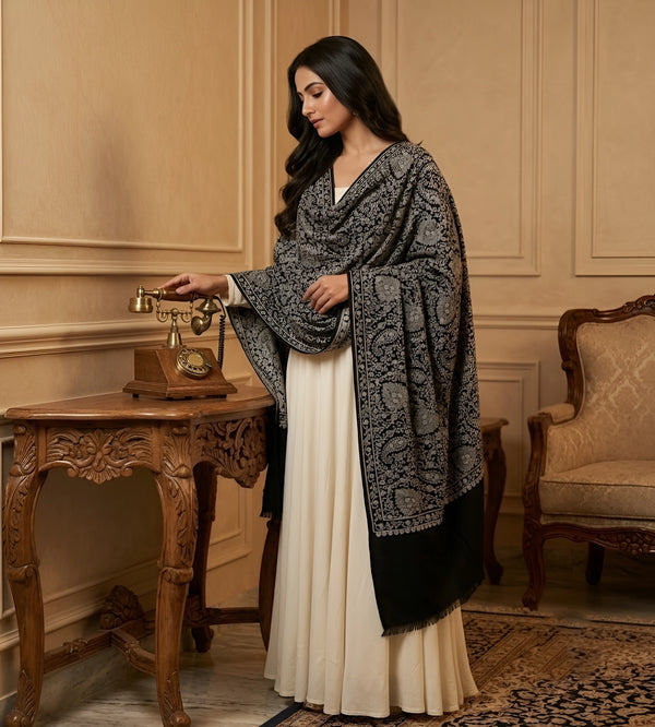 Naqsh-e-Kashmir Sozni Jaal Embroidered Black Shawl | Traditional Kashmiri Wool Blend