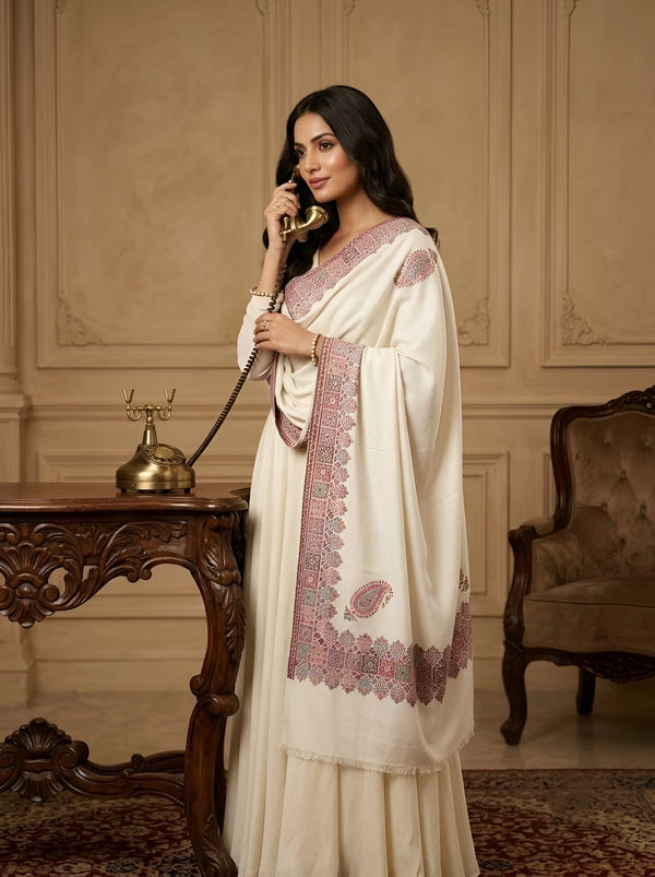 Naqsh-e-Kashmir Inspired Kani Paisley & Geometric Border Wool Blend White Shawl