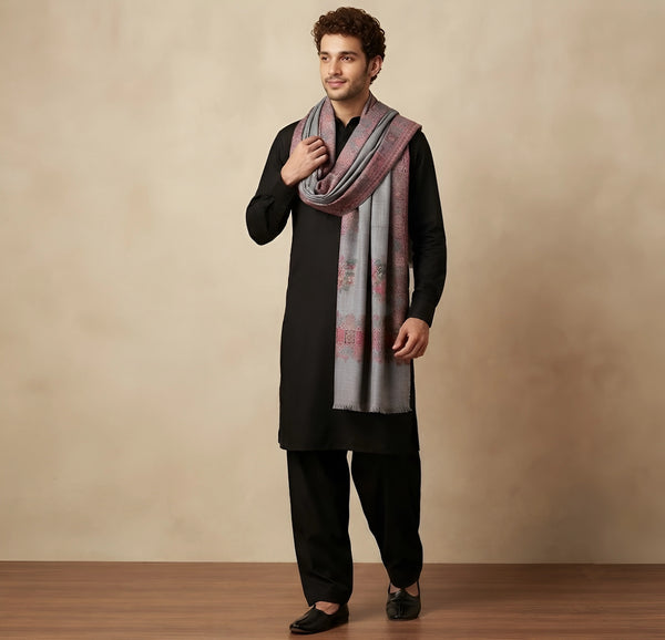 Mir-e-Khas Men's Kashmir-Inspired Kingri Jacquard Woven Grey Shawl with Floral Border