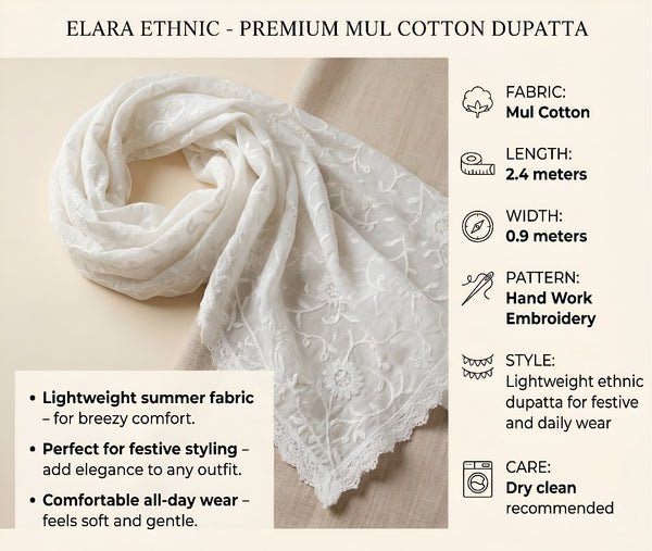 White Mul Cotton Embroidered Dupatta with Intricate Floral Hand Work & Lace Border