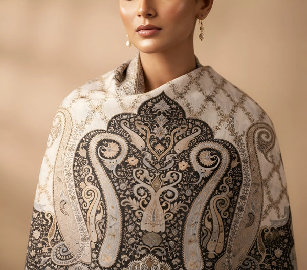 Naqsh-e-Kashmir Inspired Paisley Jacquard White Shawl with Kani-Inspired Floral Border