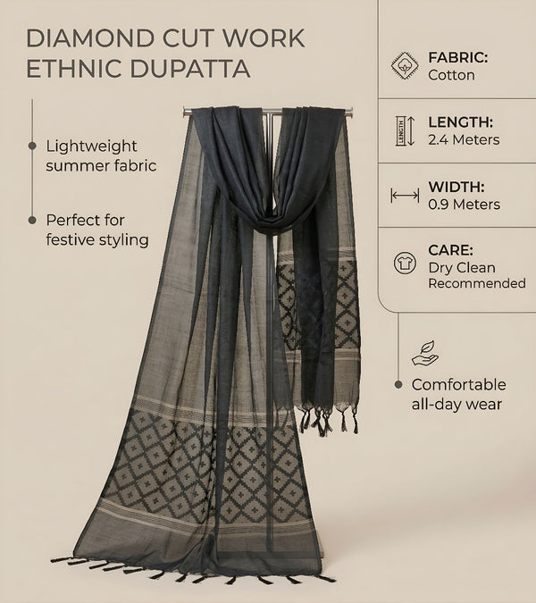 Cotton Mens Dupatta – Black with Diamond Cut Work & Woven Border