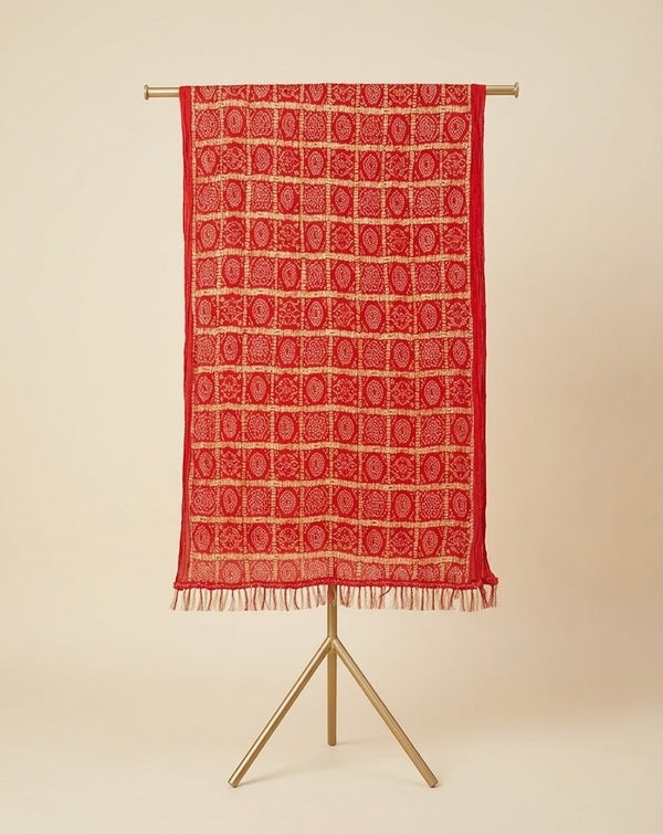 Chinon Bandhani Print Crush Women Red Dupatta with Traditional Motif Grid Design & Tassel Detailing