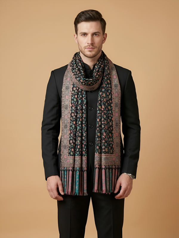 Reserve Mens Bamboo Silk Floral Kalamkari Printed Black Stole