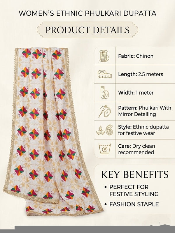 Luxe Chinon Women Phulkari White Dupatta with Lace Border & Traditional Motif Work