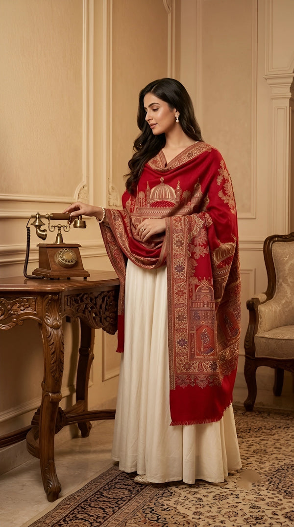 Naqsh-e-Kashmir Inspired Mughal Palace Scenic Jacquard Woven Red Shawl with Zari Work