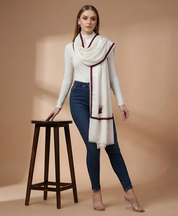 Regal Woven Border Accent Corner Wool Blend White Stole | Kashmiri Inspired
