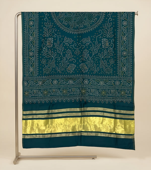 Bamboo Silk Bandhani Inspired Gajji Women Green Dupatta with Elephant & Floral Motifs and Golden Tape Border