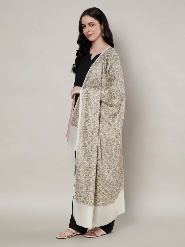 Woolen Women Shawl in White with All-Over Floral Jaal Weave (80 x 40 Inches)