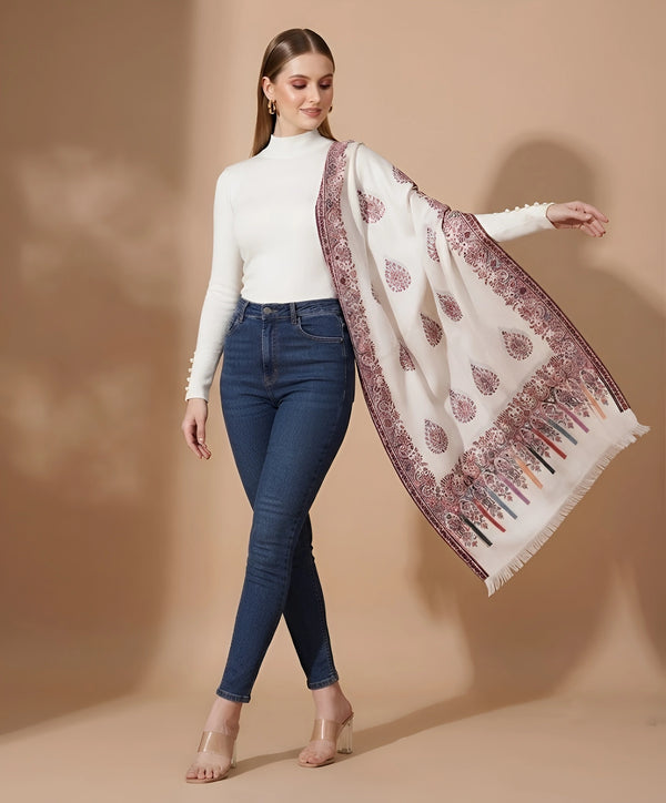 Regal Kani Woven Paisley Border Wool Blend White Stole | Kashmiri Inspired