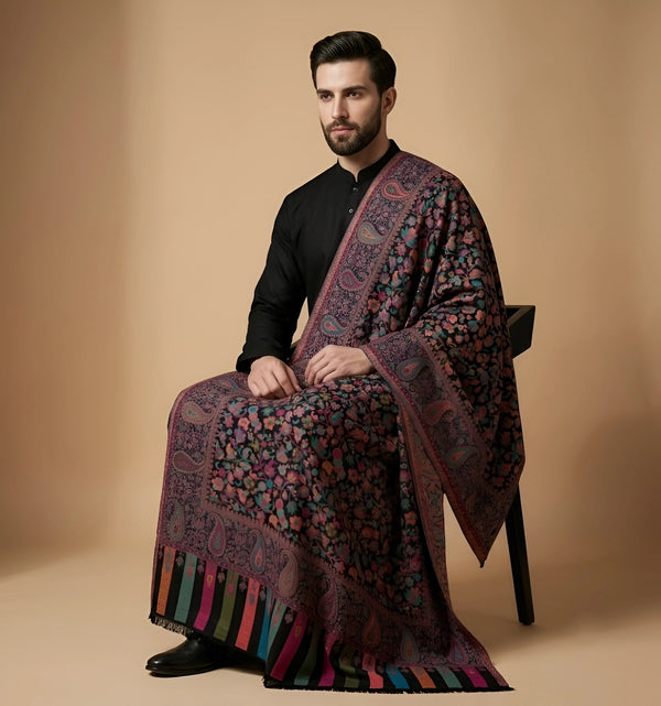 Mir-e-Khas Traditional Kashmiri Kani Weave Black Shawl for Men – Wool Blend