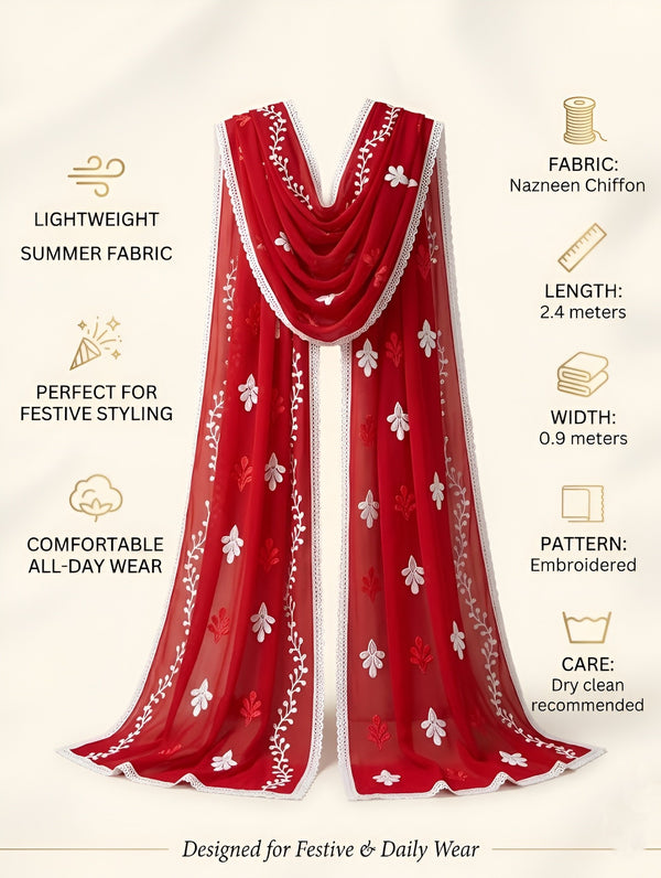 Red Nazneen Chiffon Embroidered Dupatta with Floral Work