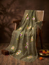 Luxe Organza Women Dark Green Dupatta with Handbrush Floral Art & Beads