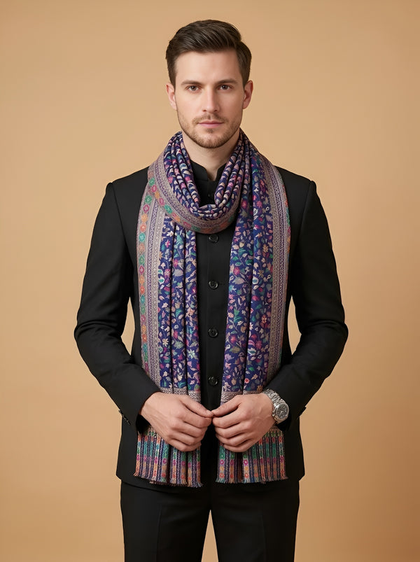 Reserve Mens All-Over Kalamkari Floral Print Bamboo Silk Blue Stole