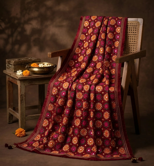 Luxe Handcrafted Chinon Phulkari Floral Mirror & Beads Work Maroon Dupatta