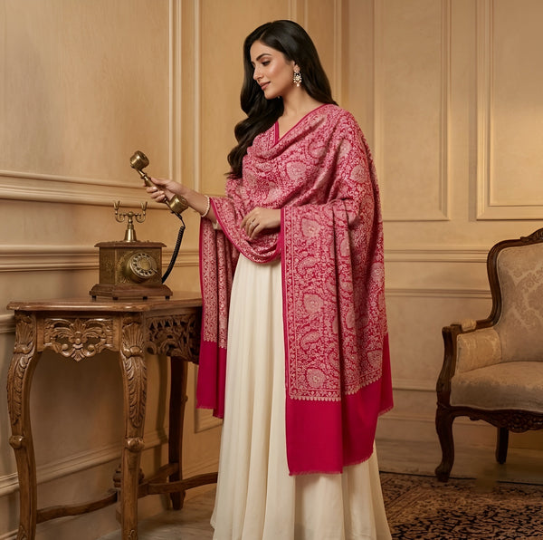 Naqsh-e-Kashmir Sozni Jaal Embroidered Pink Shawl | Traditional Kashmiri Wool Blend