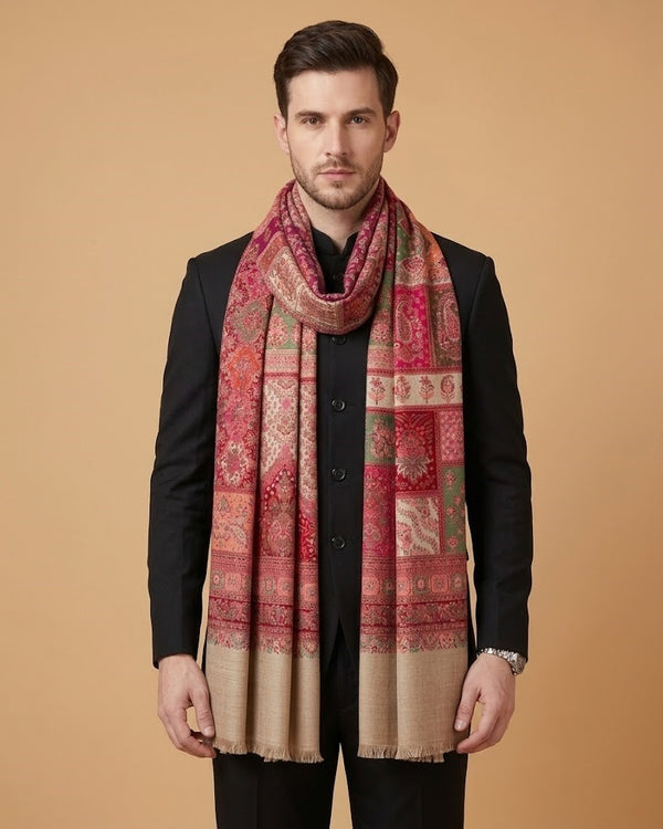 Noble Mens Patchwork Kani Jacquard Woven Beige Stole