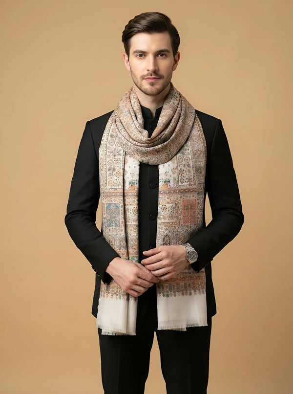Noble Kani Weave Mughal Architecture & Floral Garden Wool Blend White Stole
