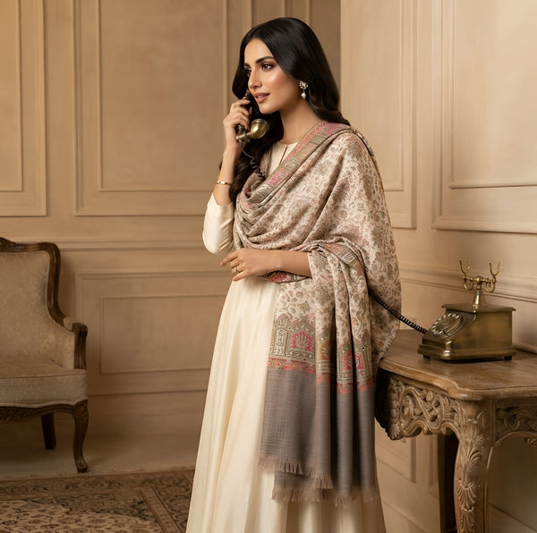Naqsh-e-Kashmir Woven Kani Jacquard Floral Shawl with Traditional White Border & Panel