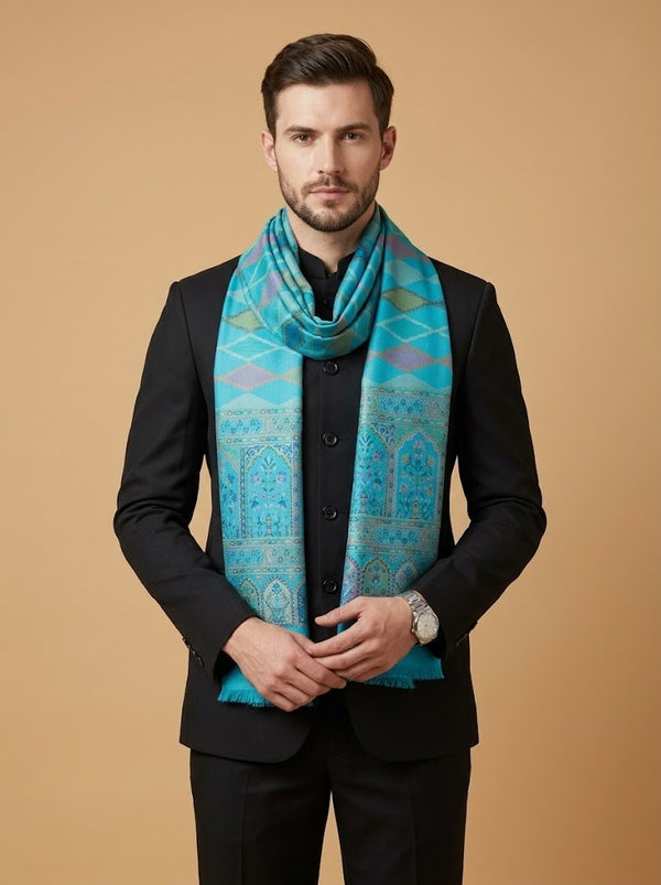 Reserve Mens Wool Blend Multicolor Geometric Diamond Jacquard TealStole with Mughal Floral Border