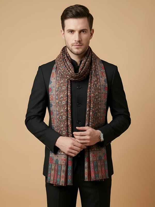 Reserve Mens Bamboo Silk Floral Kalamkari Printed Brown Stole