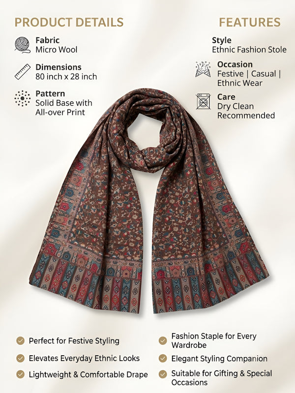 Everday Bamboo Silk Floral Kalamkari Printed Brown Stole