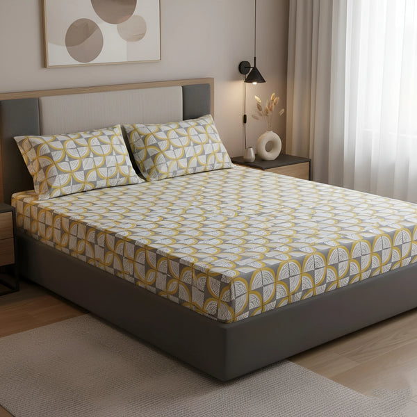 Queen Size 210 TC Elastic Fitted Cotton Bedsheet Set with 2 Pillow Covers (72 × 78 Inches)