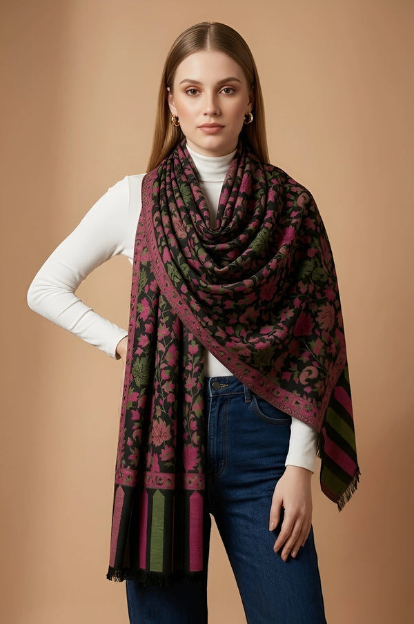 Regal Kani Weave Floral Wool Blend Black Stole | Kashmiri Inspired