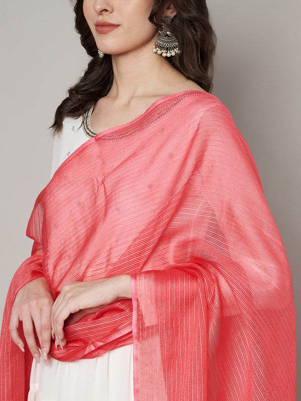 Elegant Peach Cotton Dupatta with Subtle Woven Stripes & Tassel Detailing (Size: 2.5x1 m Approx)